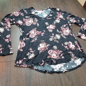 A&I Black And Pink Floral V-Neck Long Sleeve Top XL